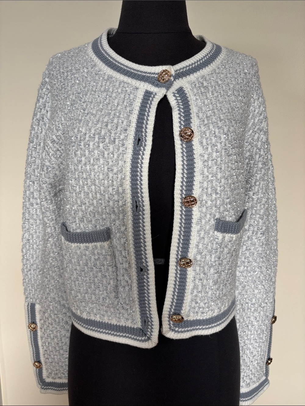 Chunky Cropped Blazer Cardigan Metal Buttons in Light Blue and White Like New - Picture 2 of 15